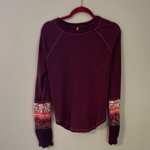 Free people Women's Burgundy Knit Top with Patterned Sleeves